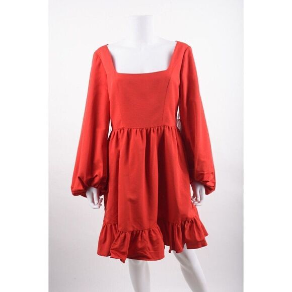 Staud Womens Seth Mini Dress Square Neck Sz 10 Red Poinsettia NWT No belt - Picture 1 of 6